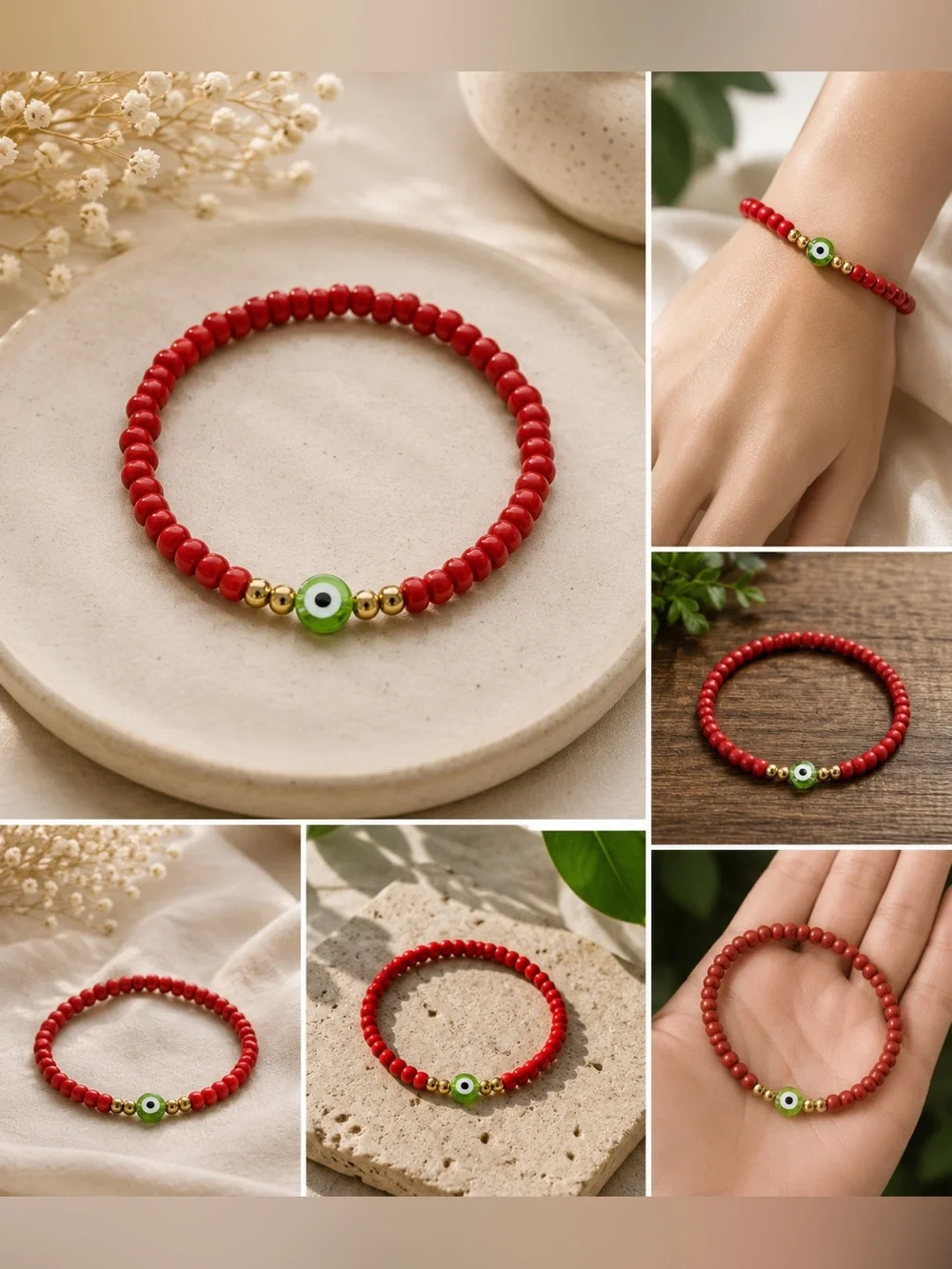 Red Beaded Evil Eye Bracelet with Gold Accents #24